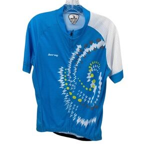 Beroy Mens Size L Blue White Cycling Jersey Short Sleeve Full Zip Pockets Comfy